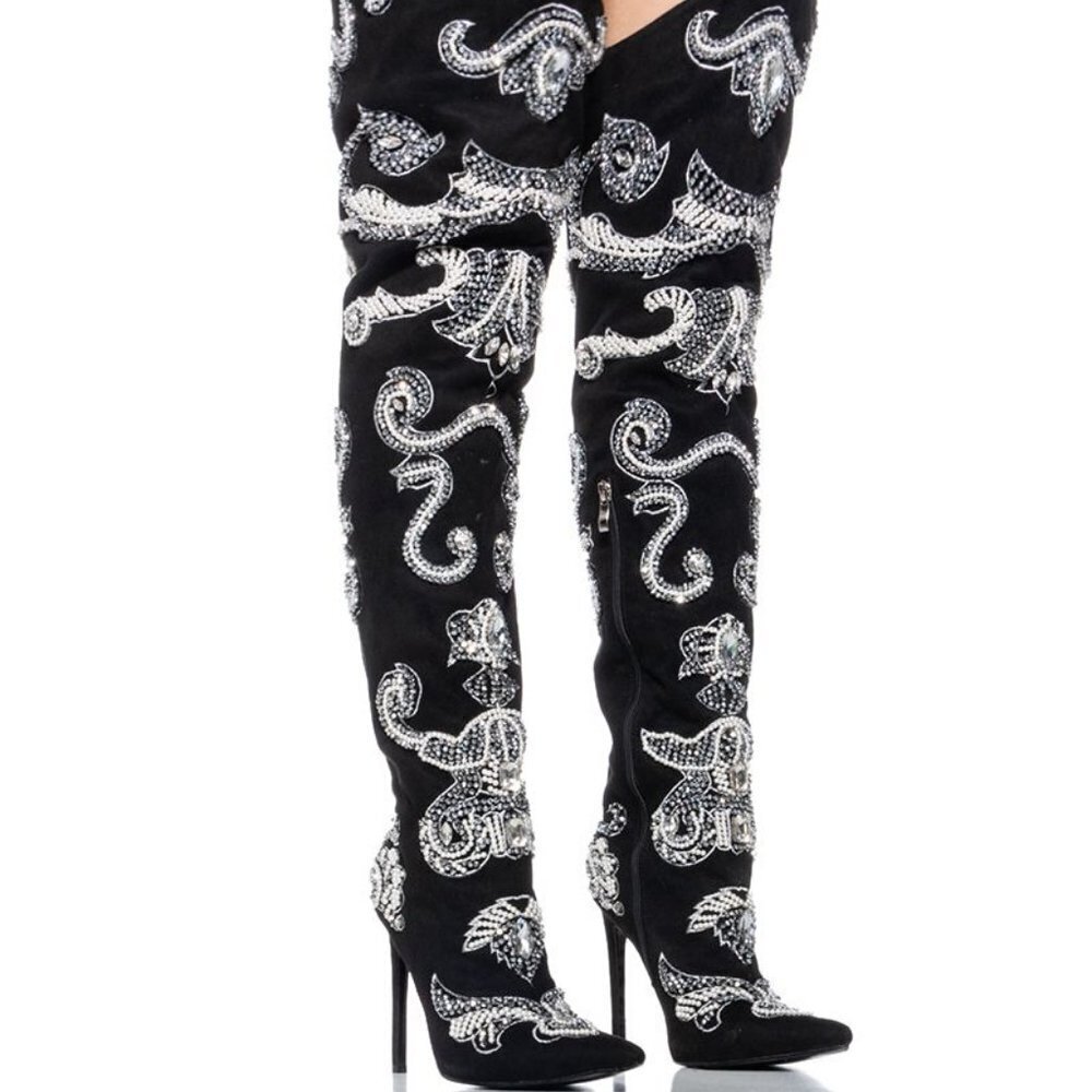 AZALEA WANG "BRANDED BADDIE"BEADED EMBELLISHED THIGH HIGH WESTERN BOOT(BRAND NEW